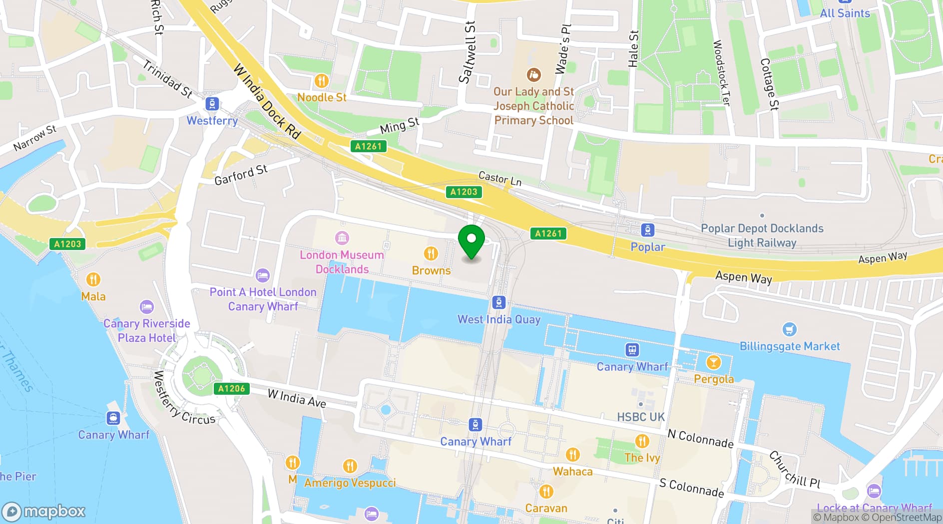 Map showing London Marriott Hotel Canary Wharf