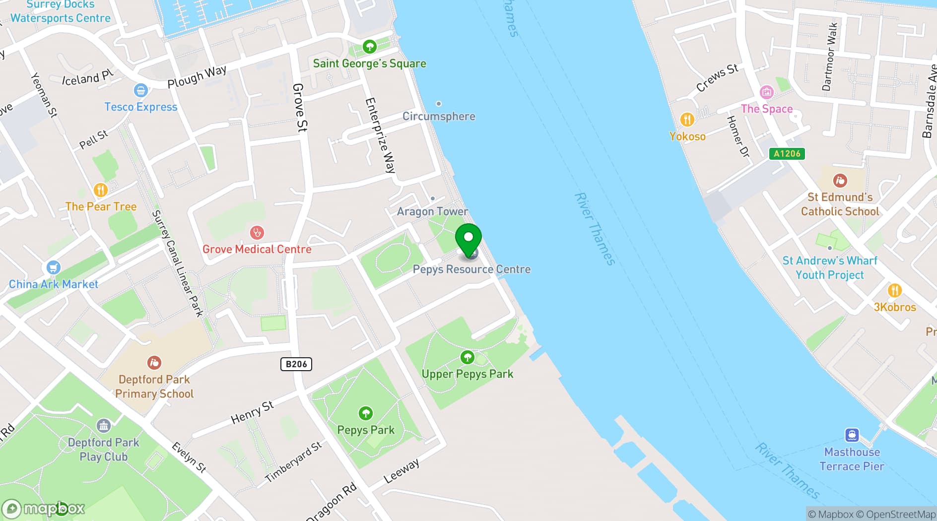 Map showing Pepys Community Hub