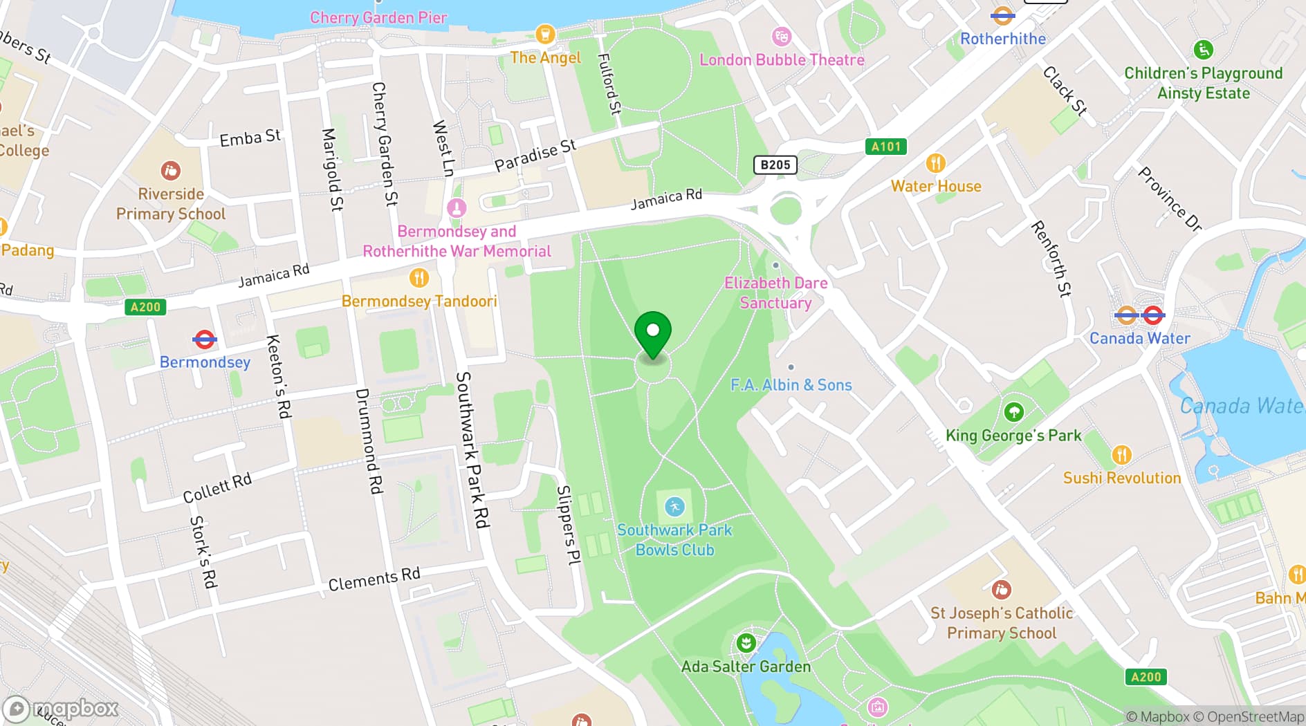 Map showing Southwark Park Bandstand
