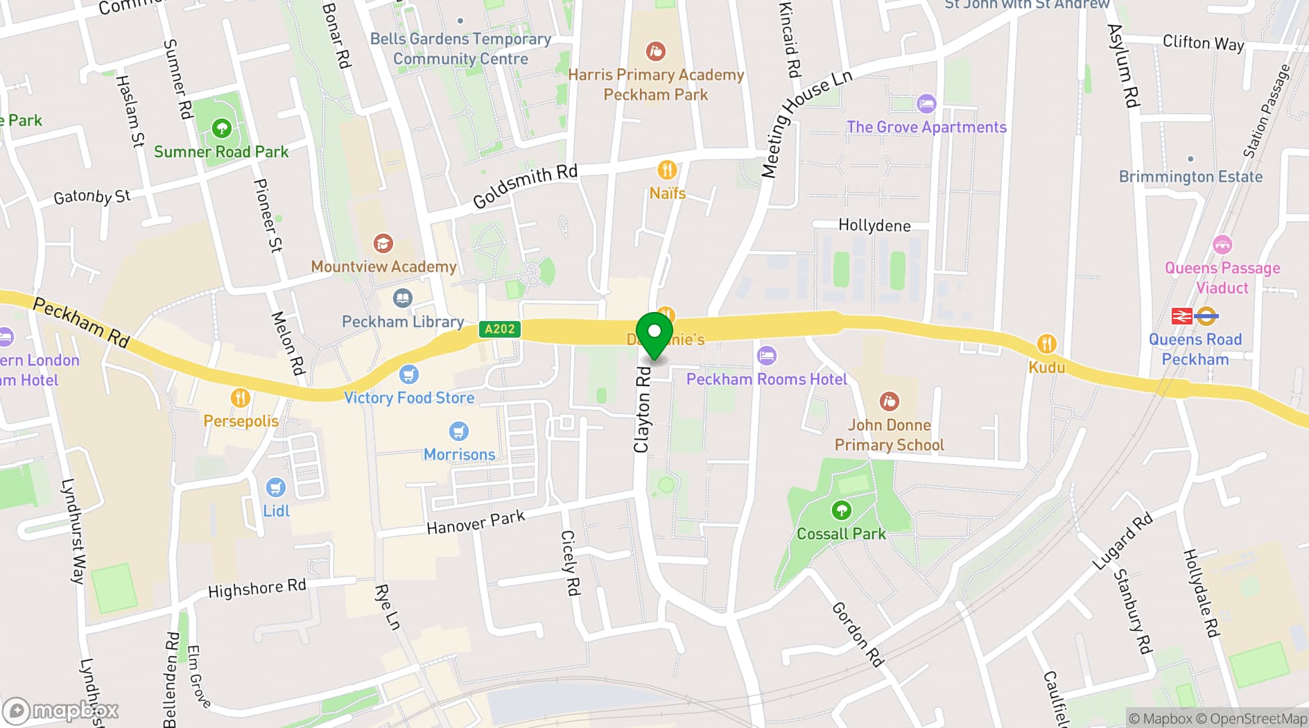 Map showing Prince of Peckham and Queen of the South