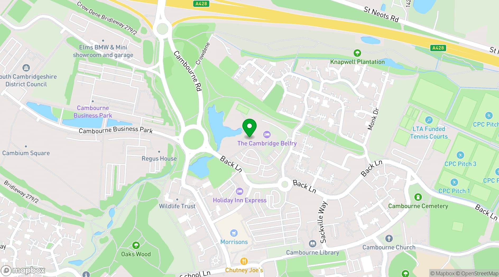 Map showing Cambridge Belfry Hotel and Spa