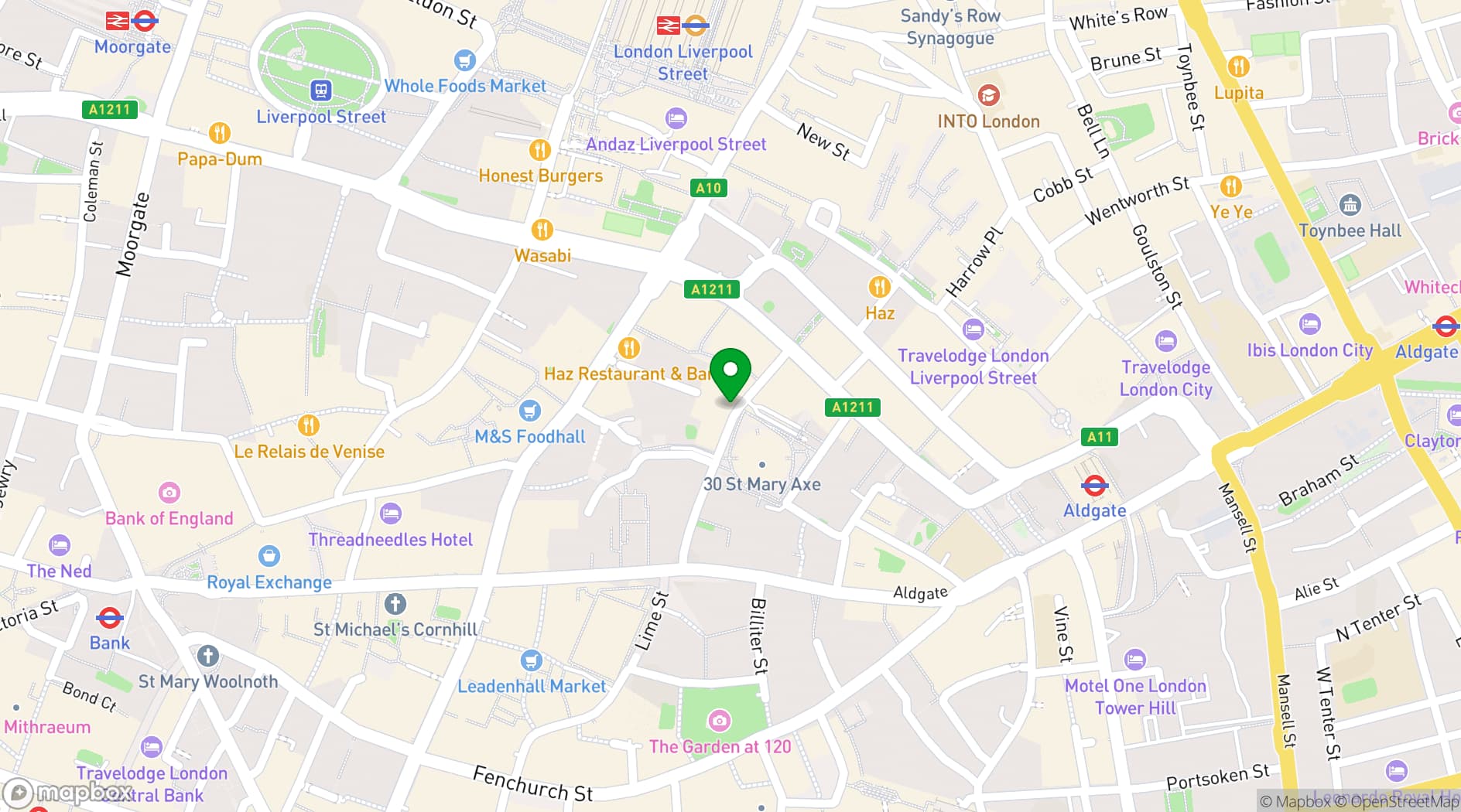 Map showing Roxy Ball Room, St Mary Axe London