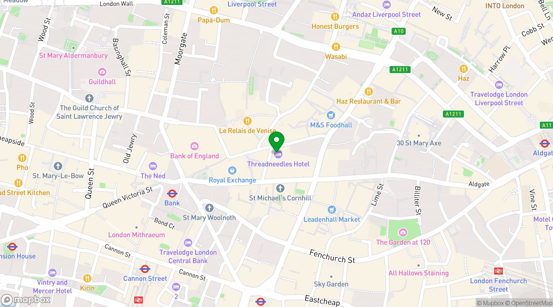 Map showing Threadneedles Hotel London