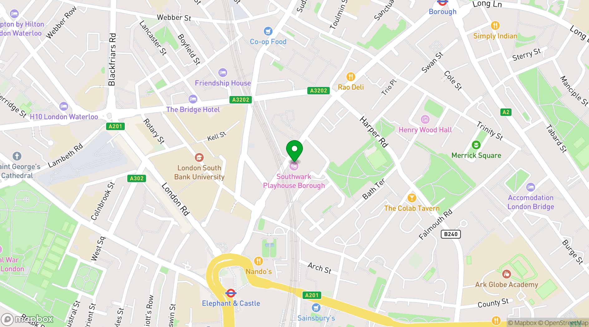 Map showing Southwark Playhouse Borough
