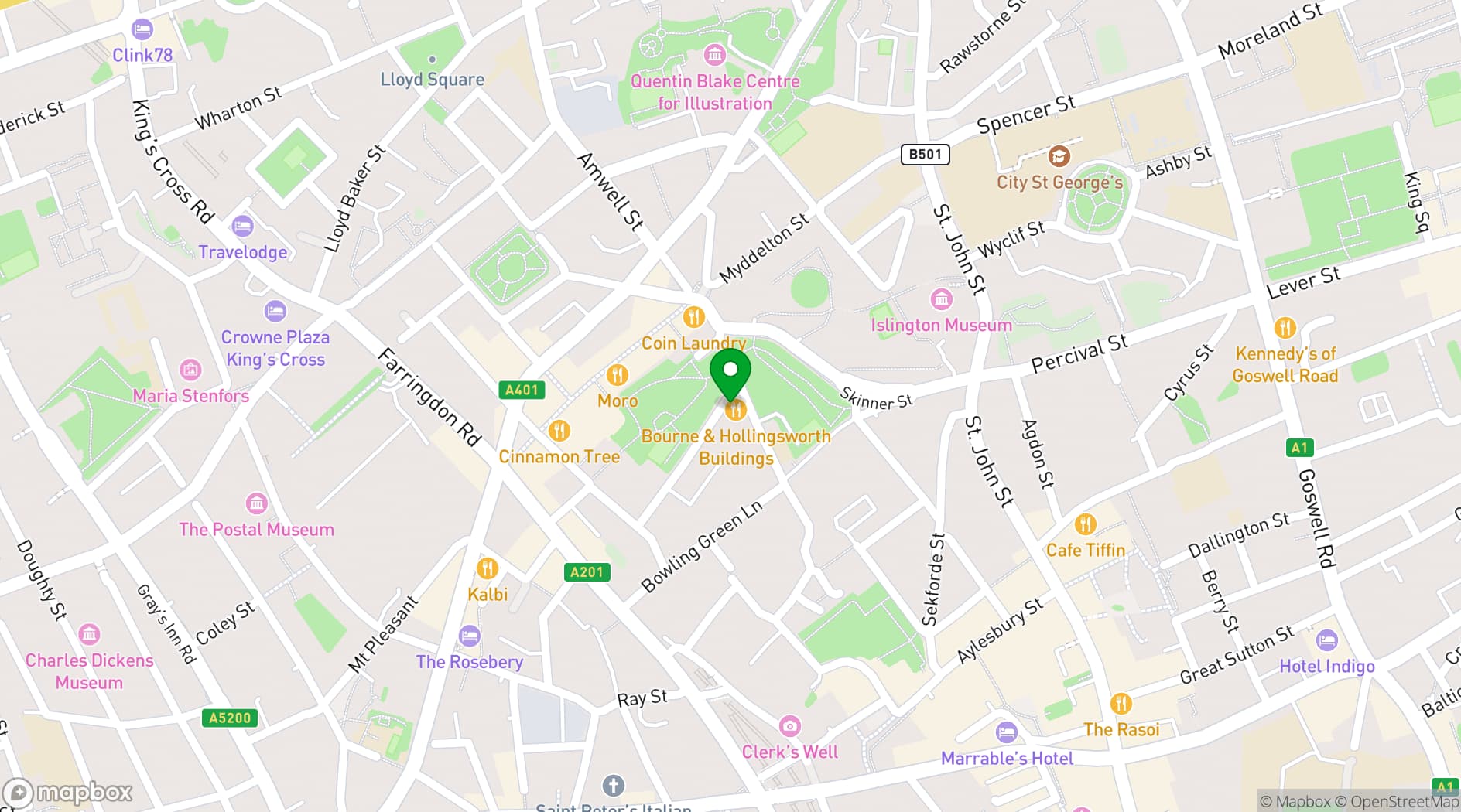 Map showing Bourne & Hollingsworth Buildings