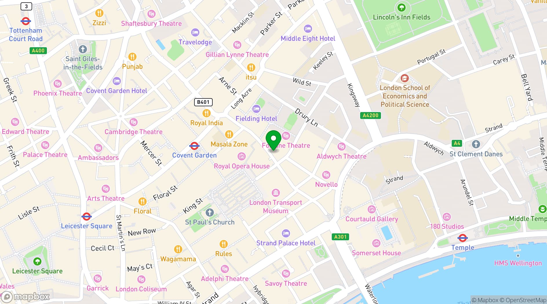 Map showing Bow Street Tavern