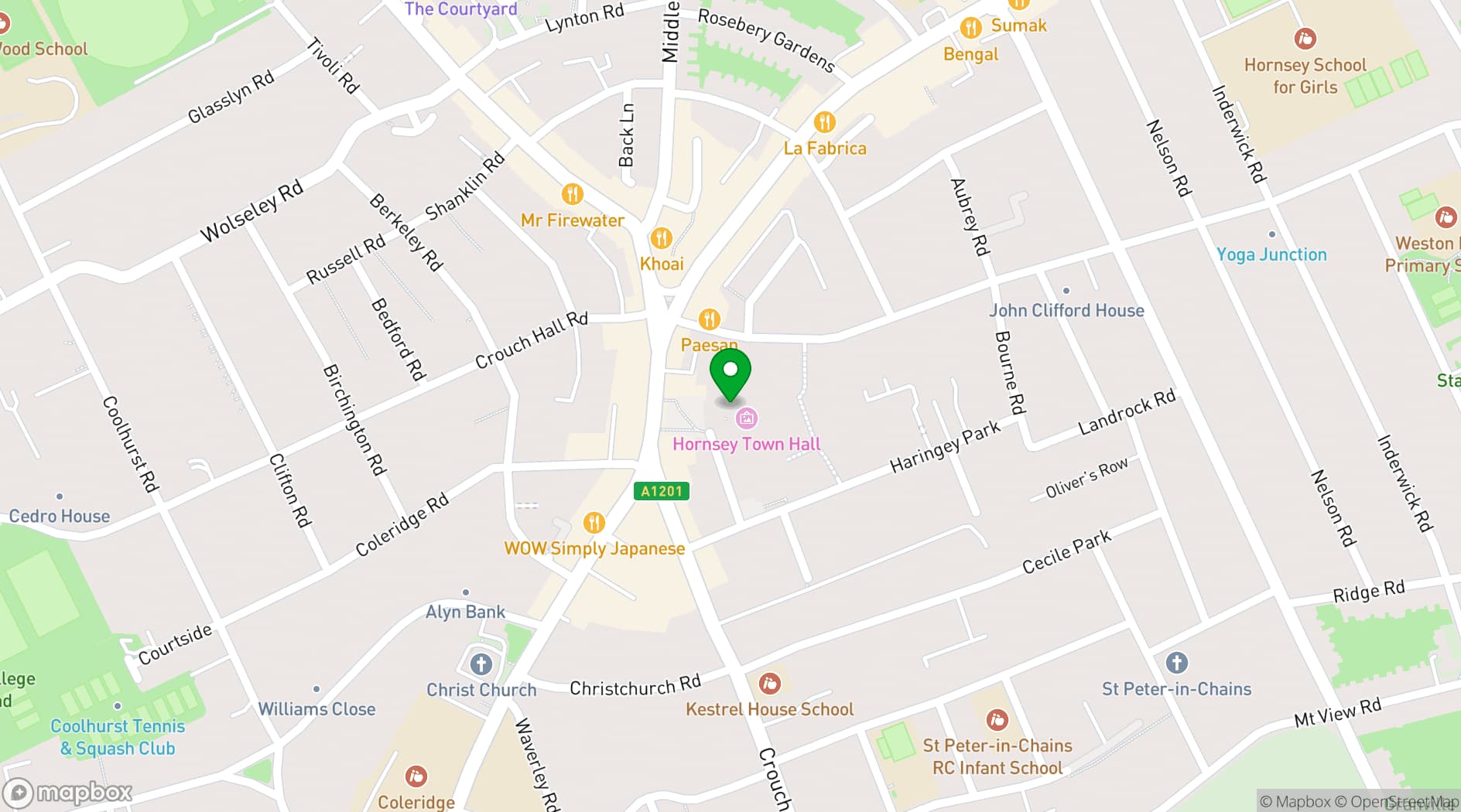 Map showing Hornsey Town Hall
