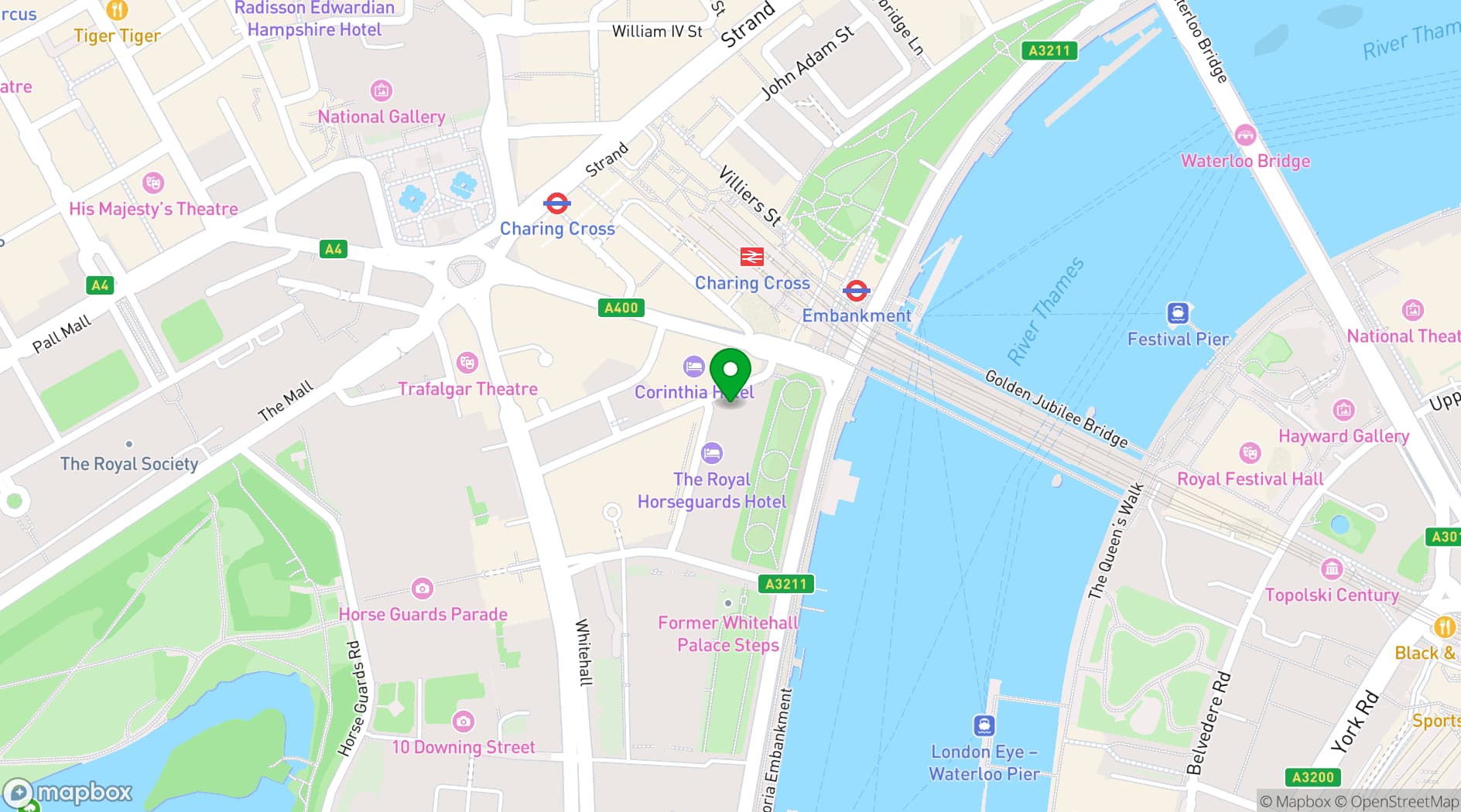 Map showing The Royal Horseguards Hotel and One Whitehall Place