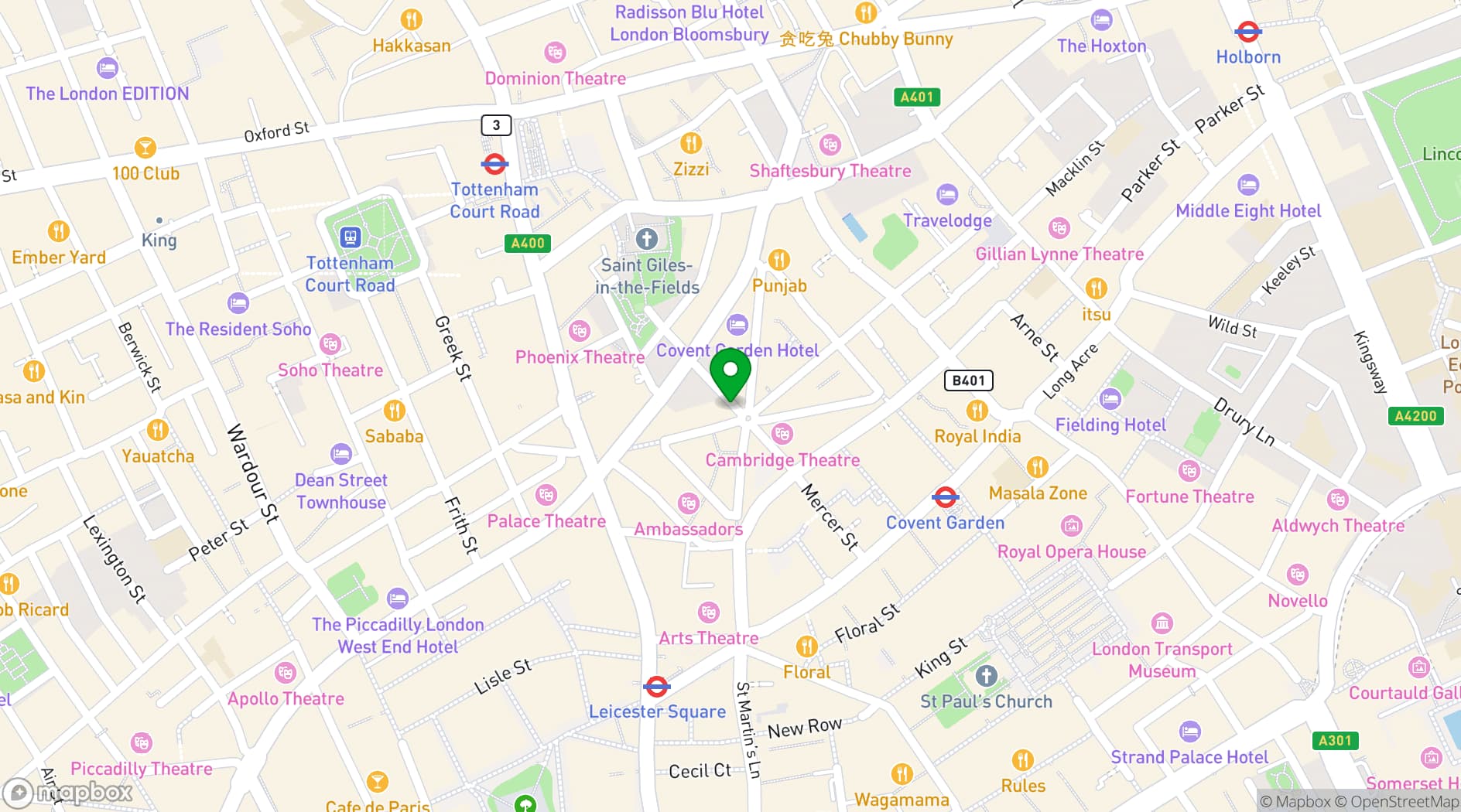 Map showing Radisson Blu Hotel, London Mercer Street