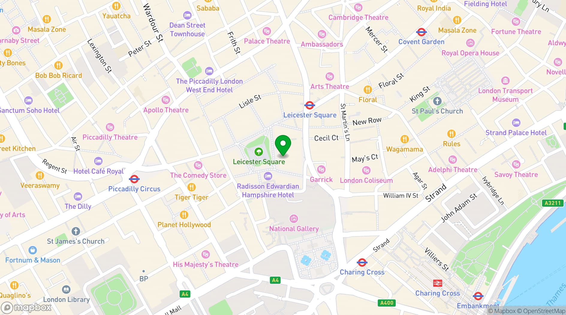 Map showing Simmons|Leicester Square