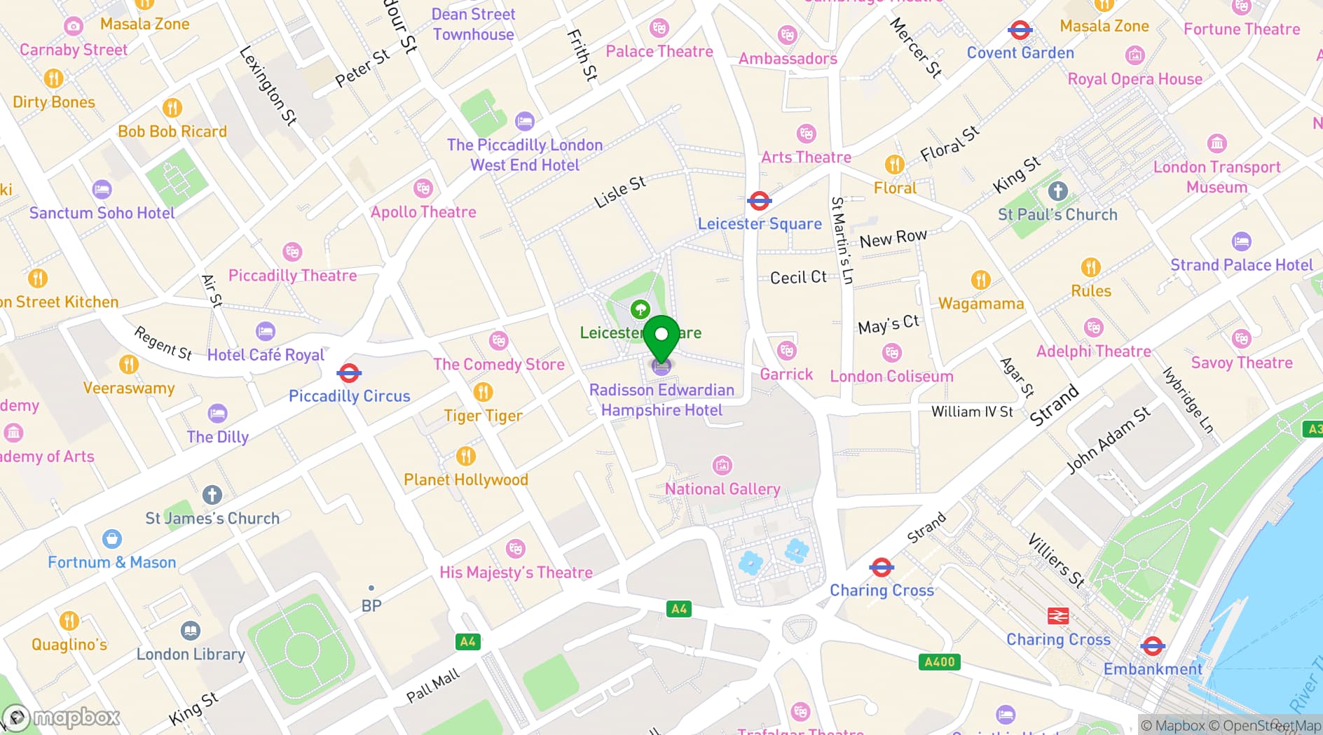 Map showing Radisson Blu Hotel, London Leicester Square