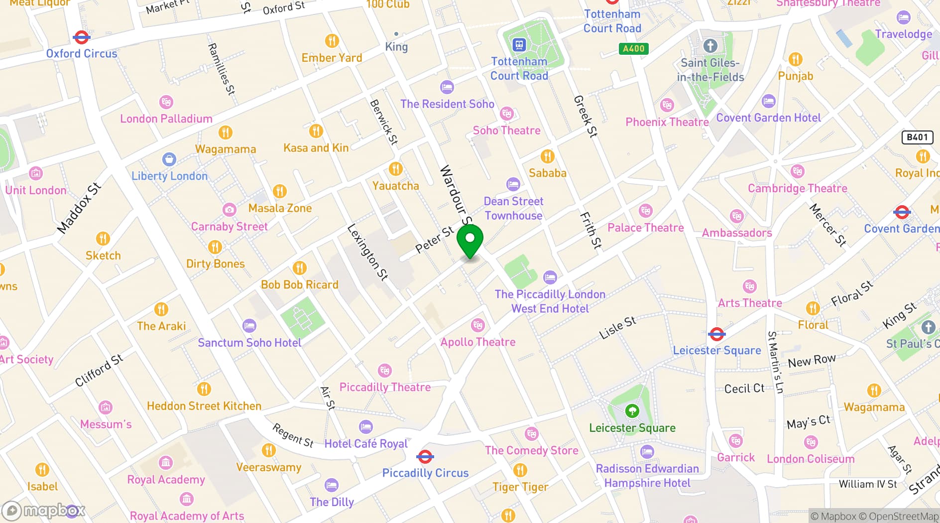 Map showing Soho Venue with Stage & Dressing Room