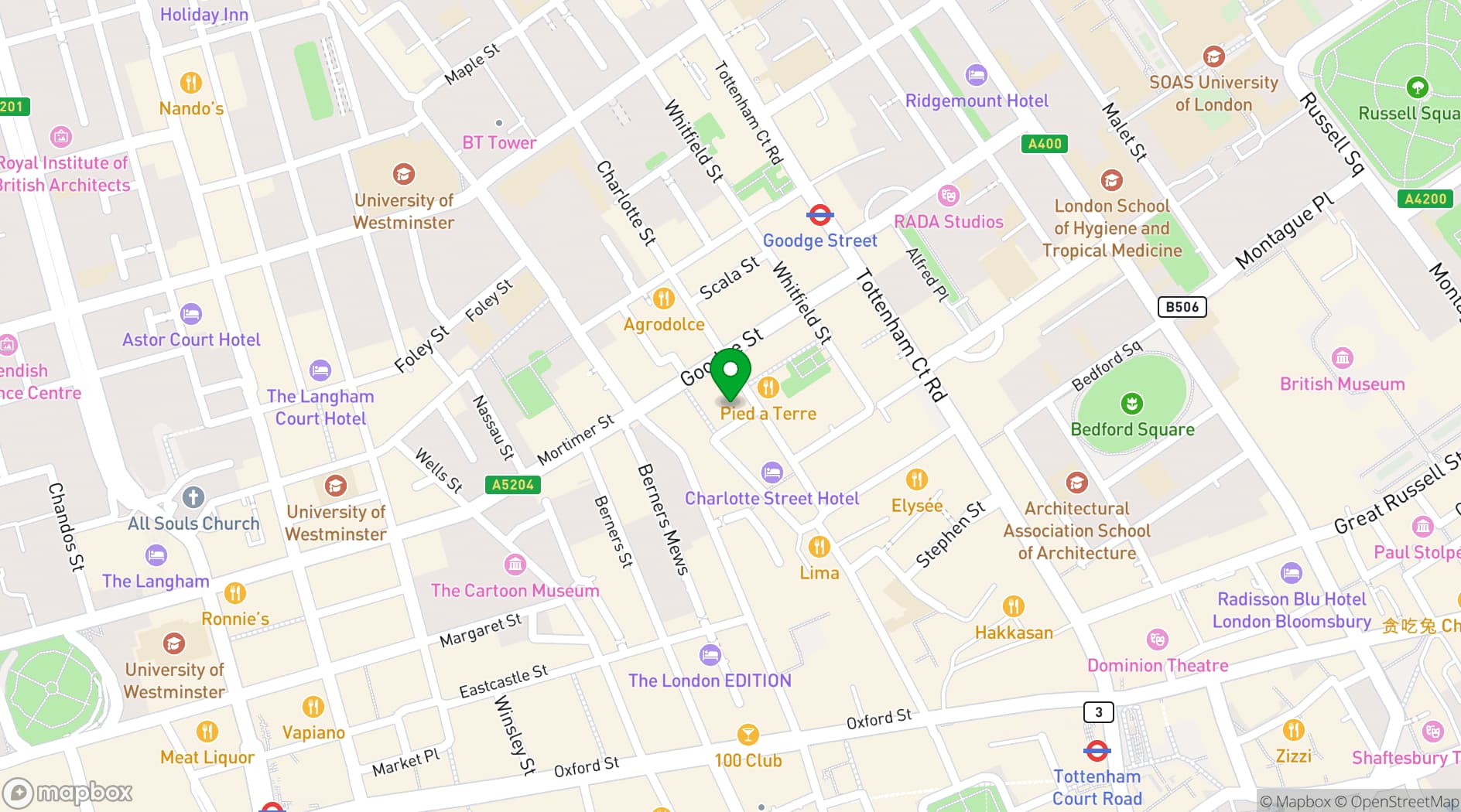 Map showing ROKA Charlotte Street