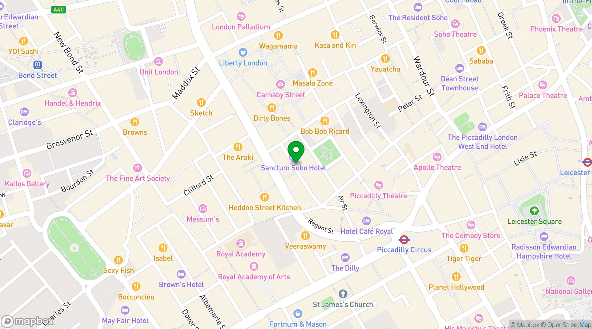 Map showing Karma Sanctum Soho Hotel Restaurant Bar