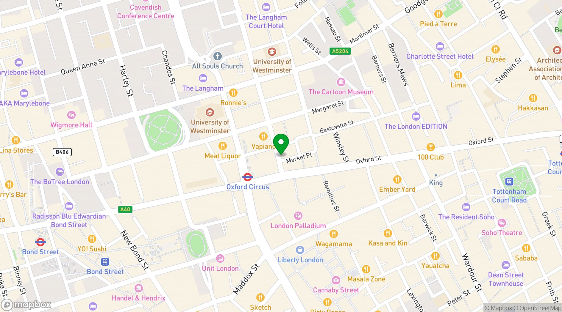 Map showing The Cocktail Club Oxford Circus