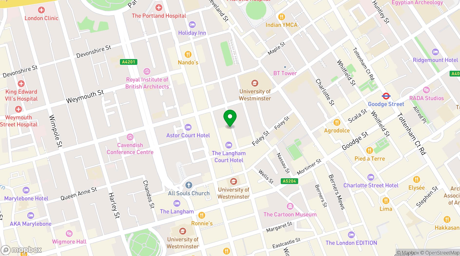 Map showing Oui – 89 Great Titchfield Street, Fitzrovia, London