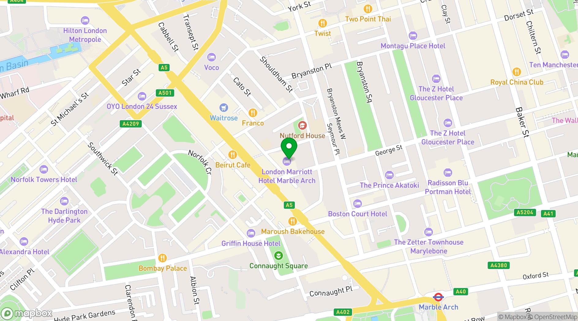 Map showing London Marriott Hotel Marble Arch