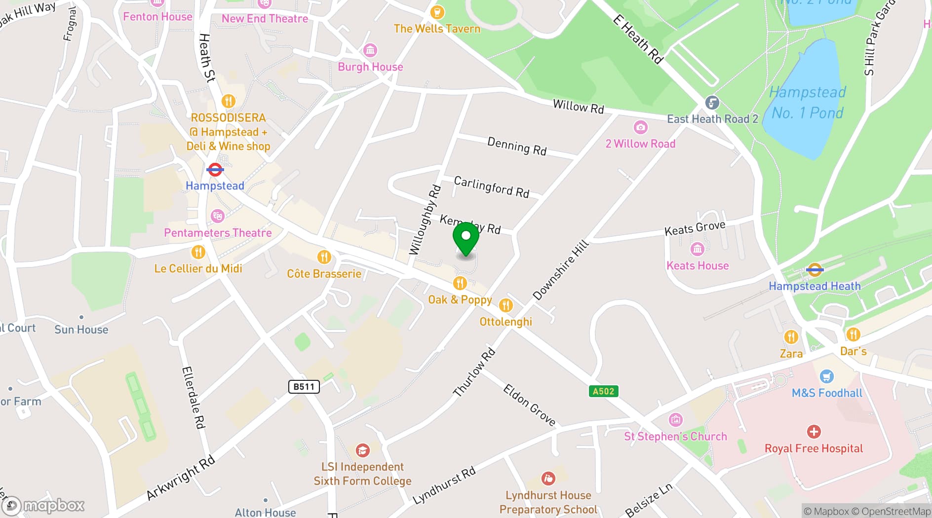 Map showing Rosslyn Hill Unitarian Chapel