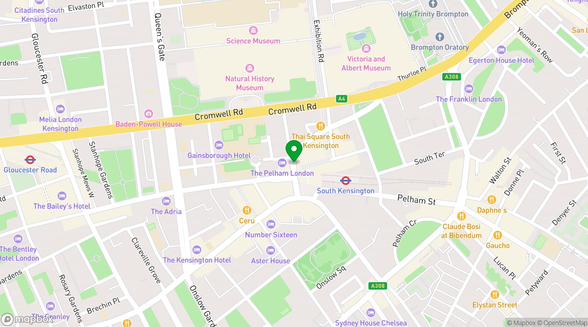 Map showing The Pelham Hotel