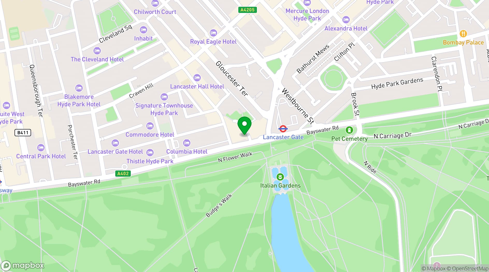 Map showing The Swan, Hyde Park