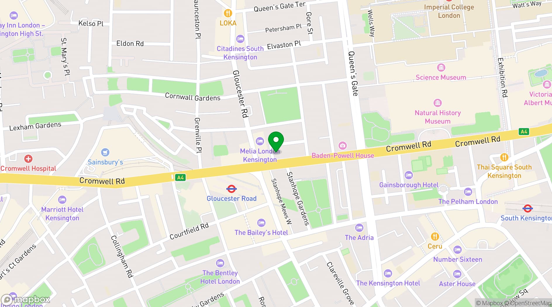 Map showing Radisson Blu Hotel, London South Kensington