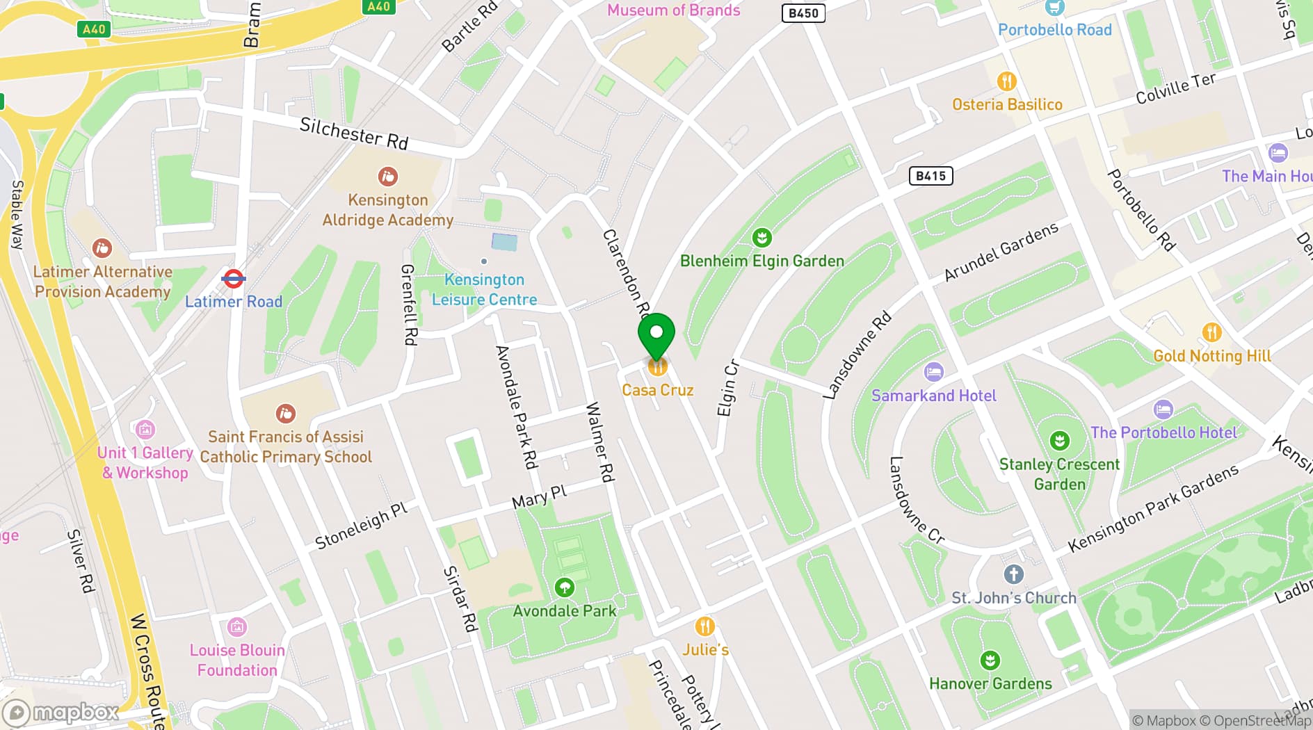 Map showing Casa Cruz London