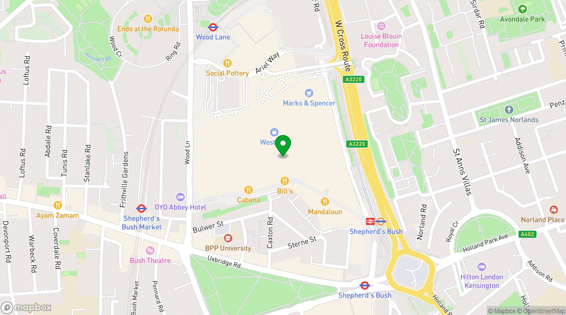 Map showing Java Whiskers Cat Café White City