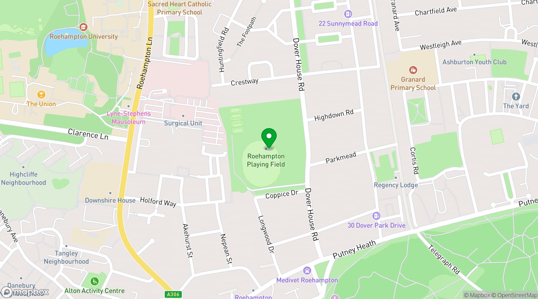Map showing Roehampton Playing Fields