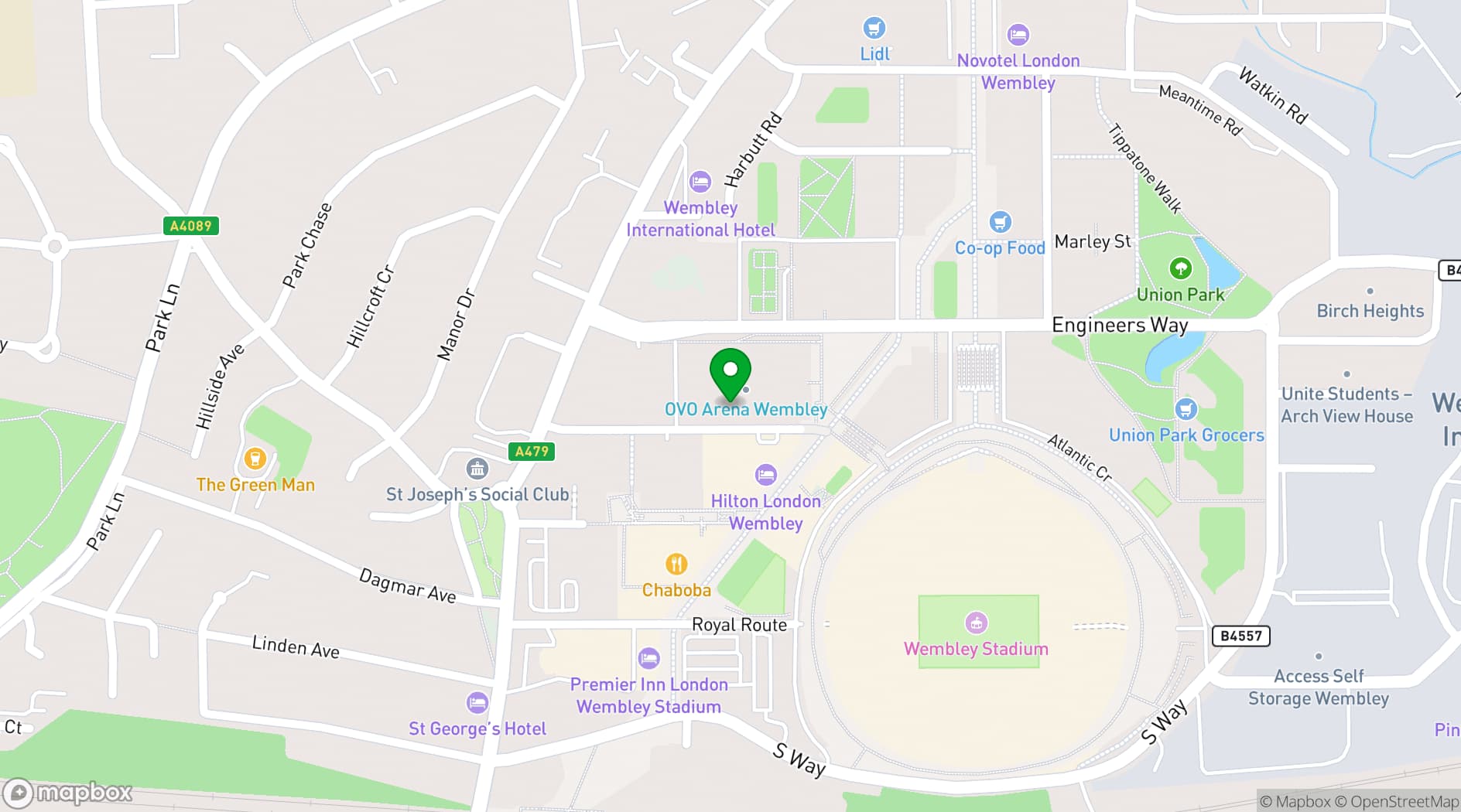 Map showing OVO Arena Wembley