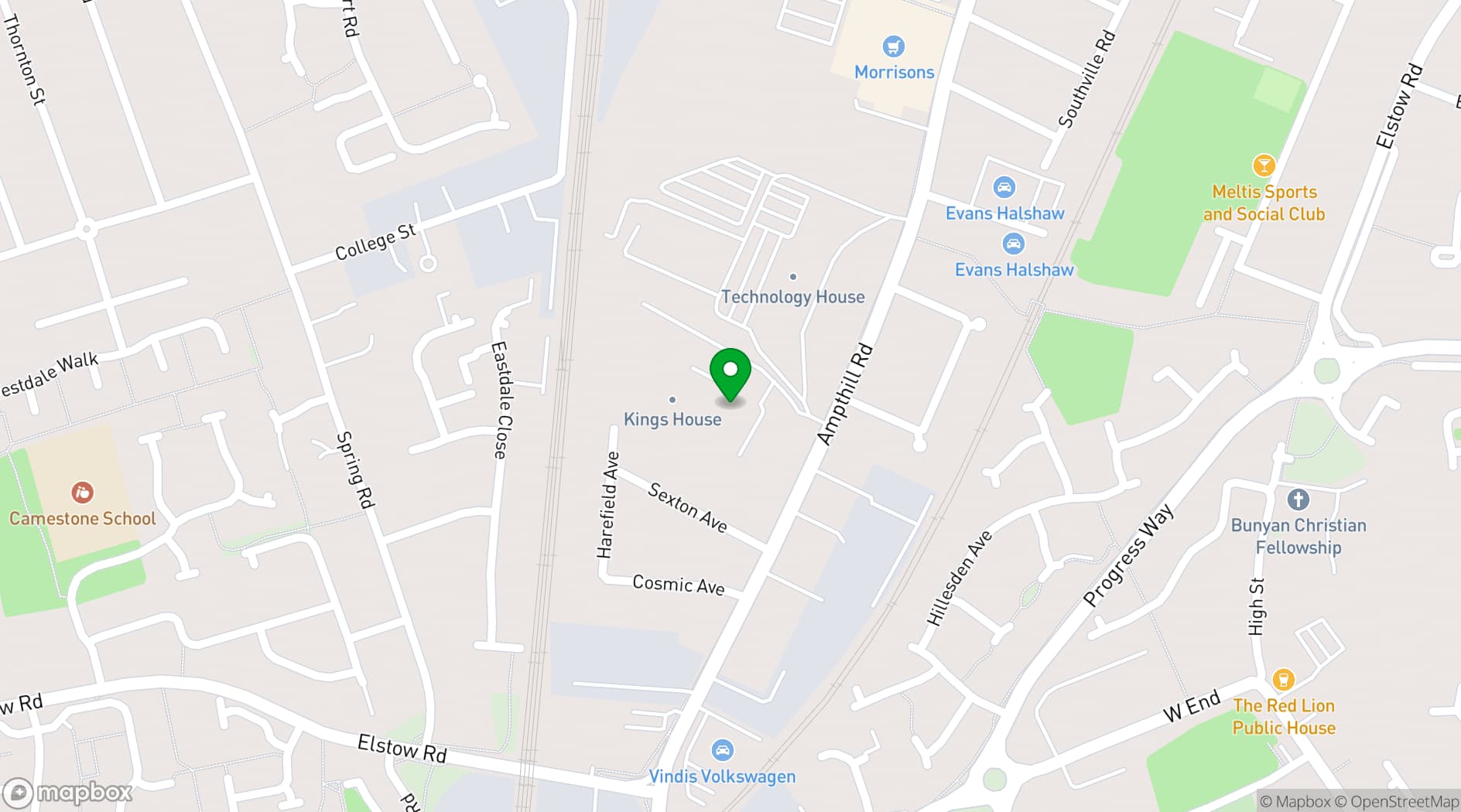 Map showing King's House Bedford