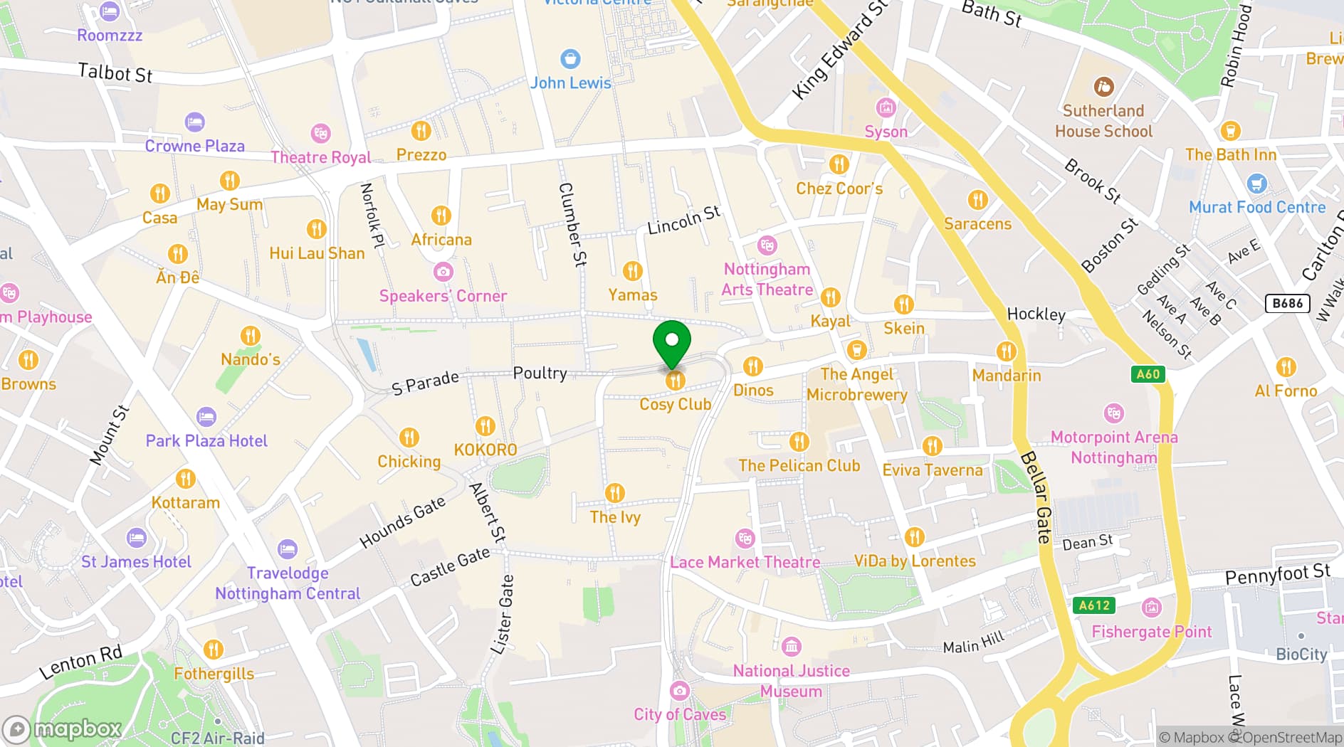 Map showing Cosy Club Nottingham