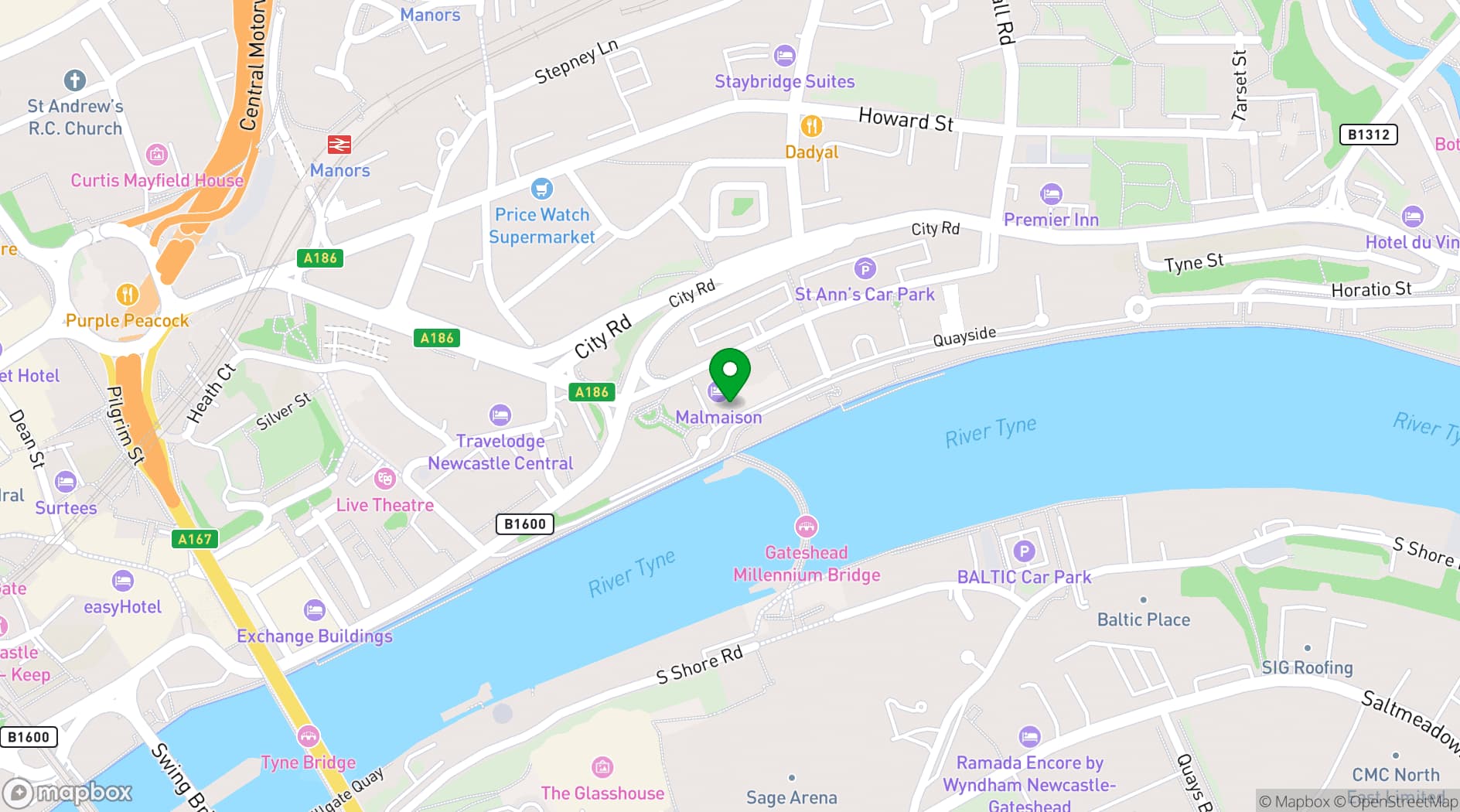 Map showing Malmaison Newcastle