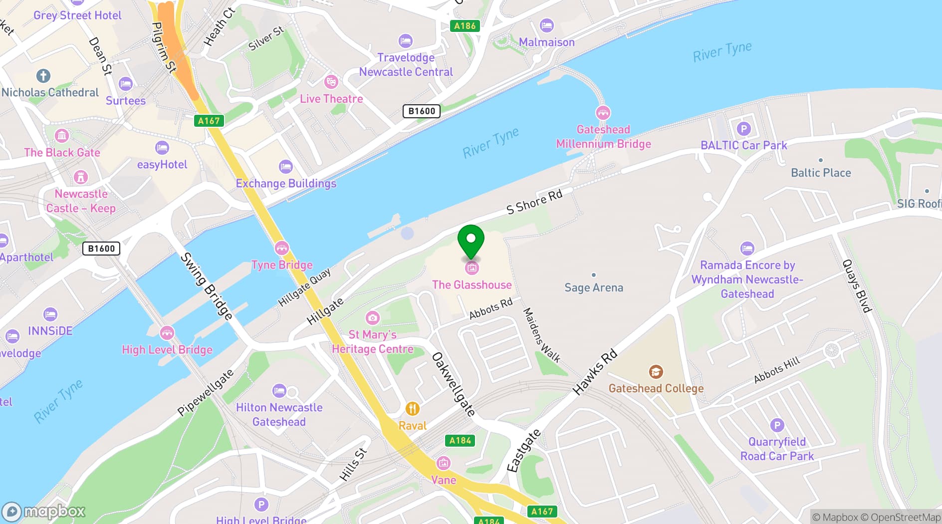 Map showing The Glasshouse International Centre for Music