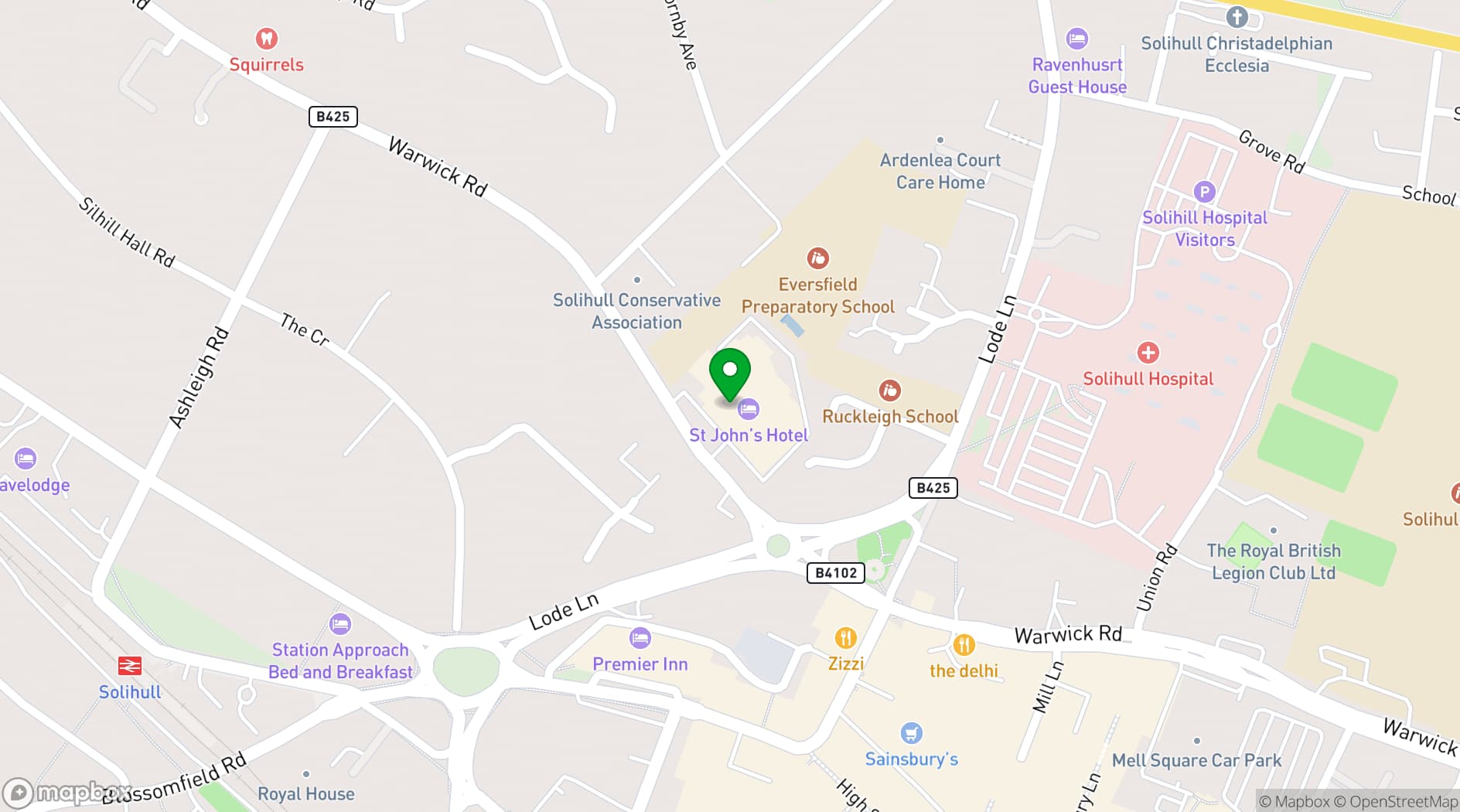 Map showing St Johns Hotel Birmingham