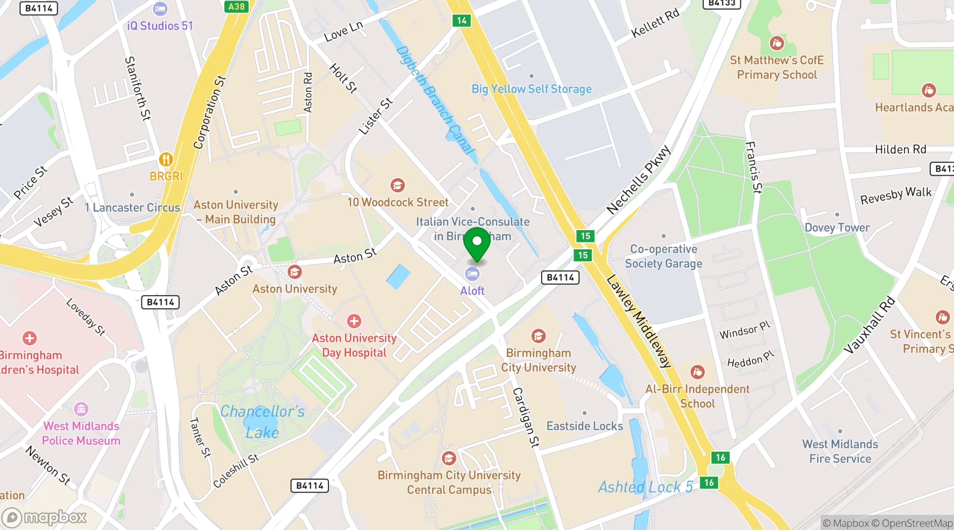Map showing Aloft Birmingham Eastside
