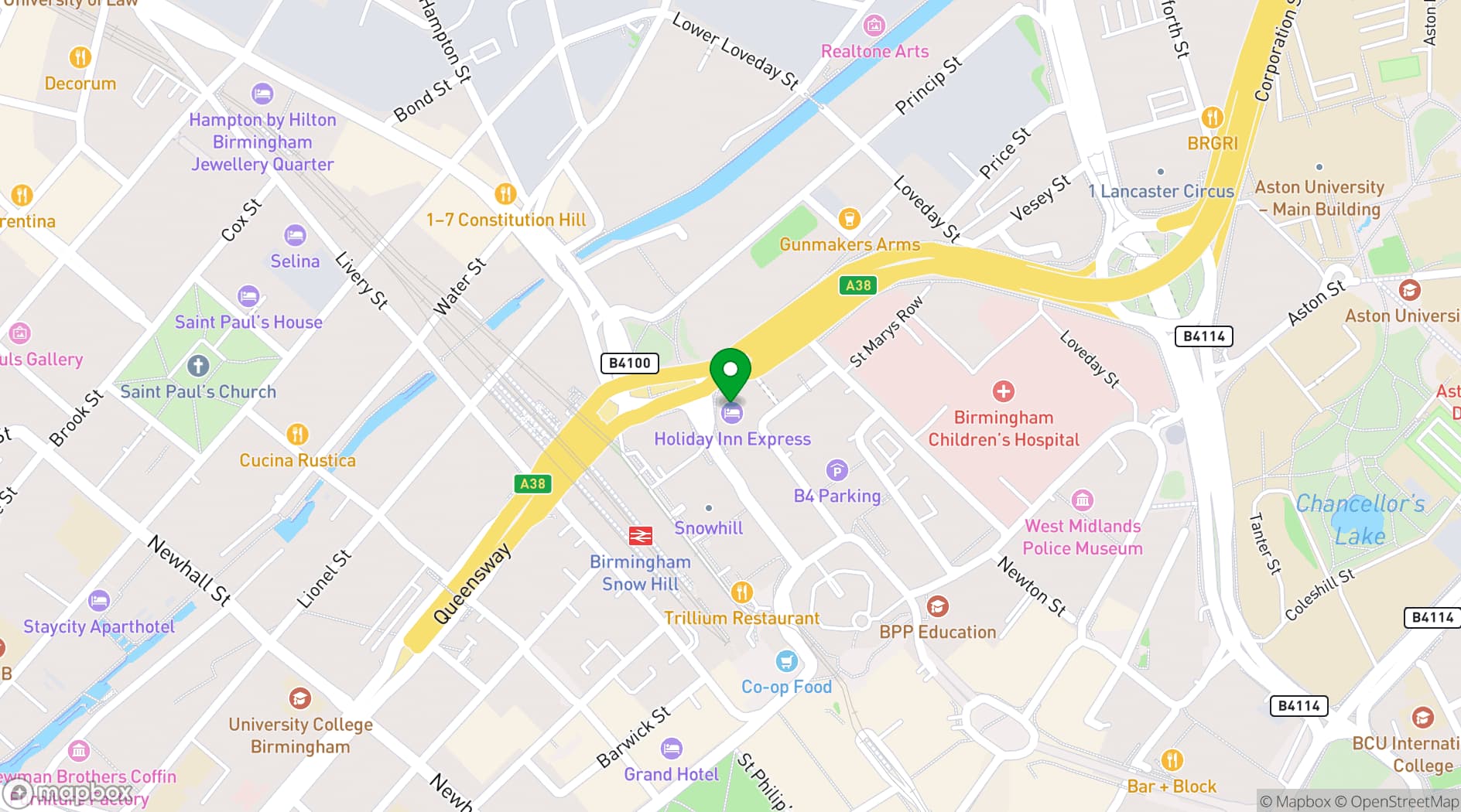 Map showing Holiday Inn Express Birmingham Snowhill
