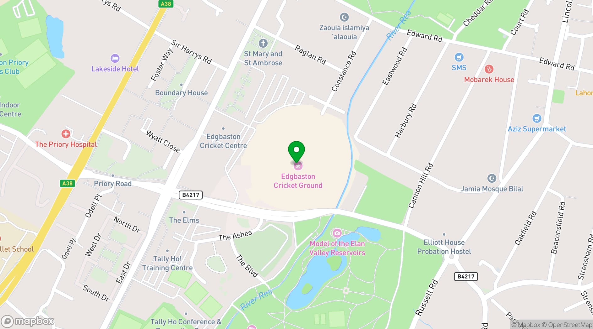 Map showing Edgbaston Stadium (Warwickshire County Cricket Club)