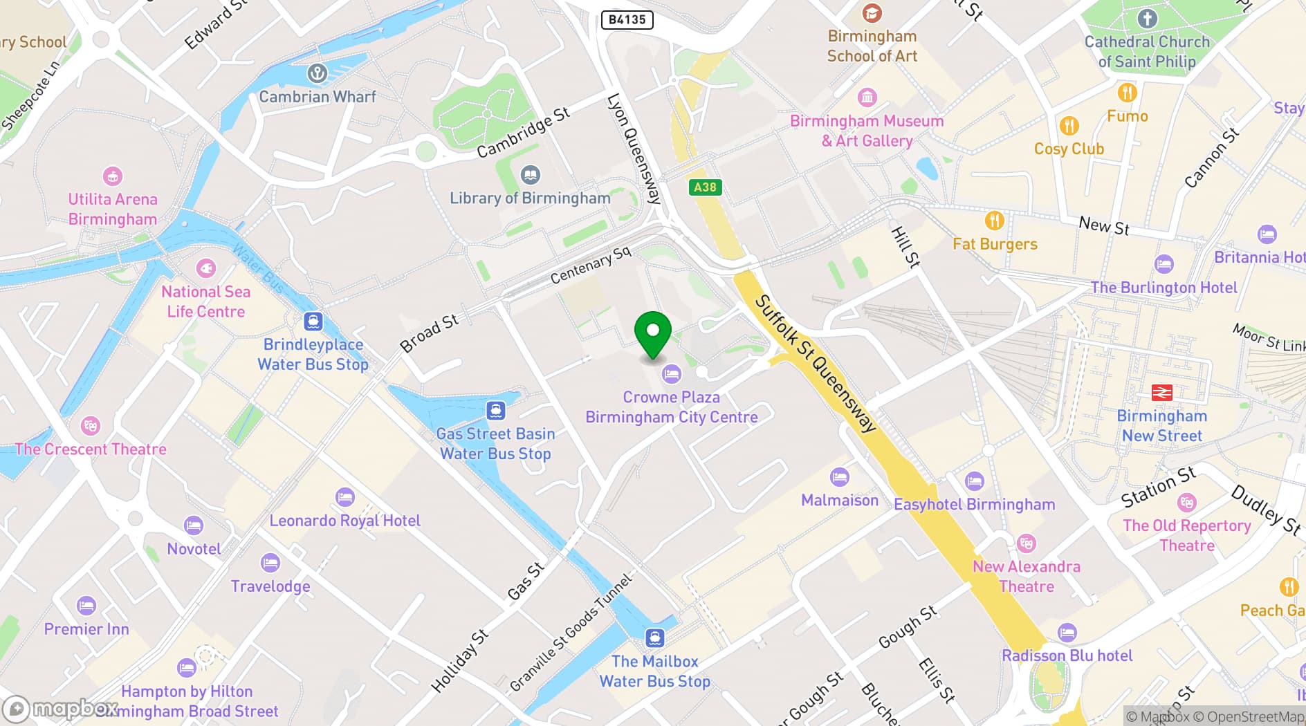 Map showing Crowne Plaza Birmingham City Centre