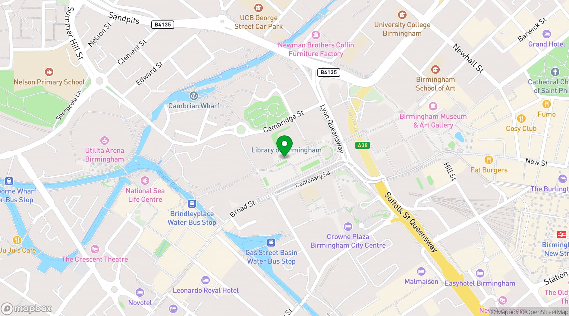 Map showing Unique Venues Birmingham (The Birmingham REP & The Library of Birmingham)