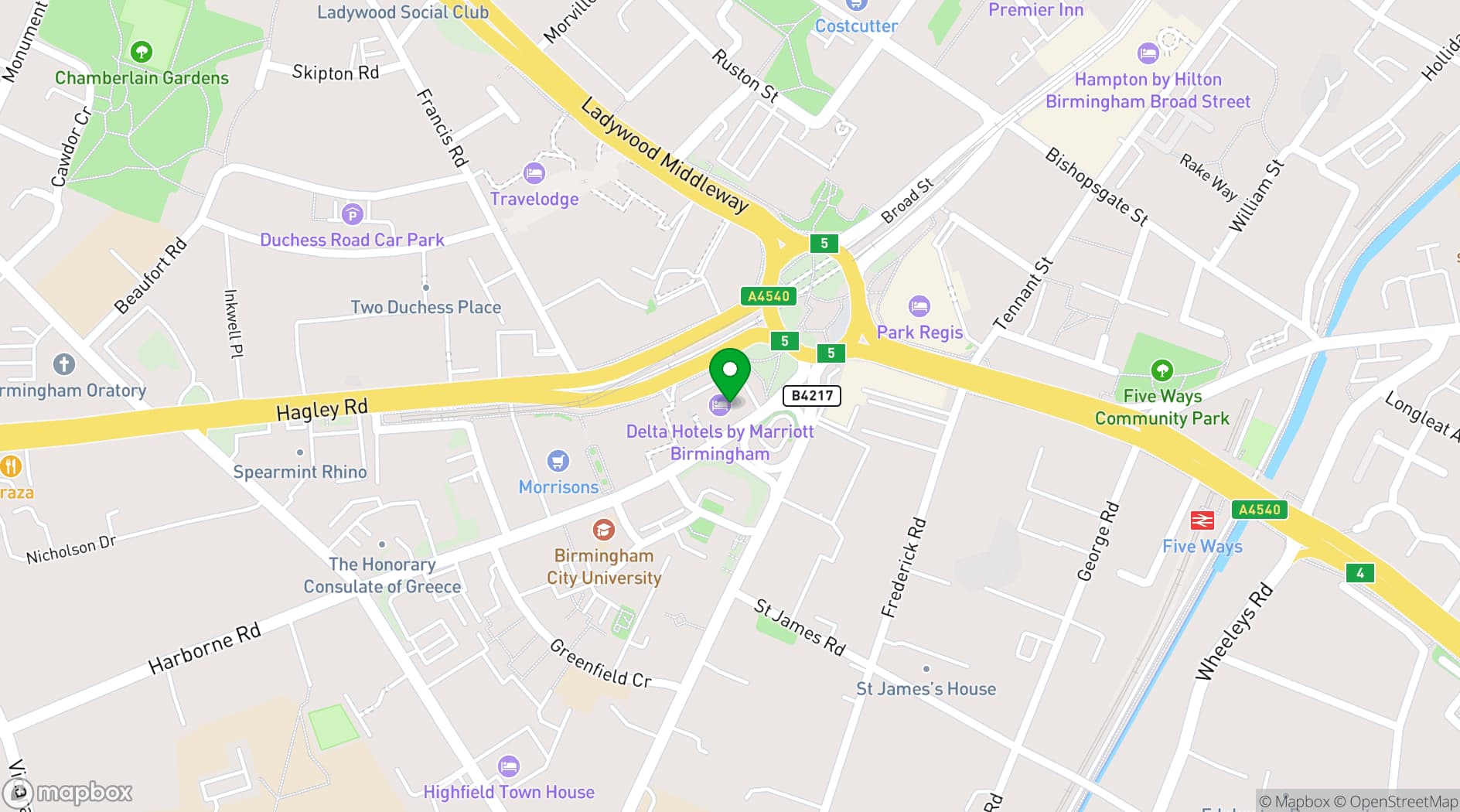 Map showing Birmingham Marriott Hotel
