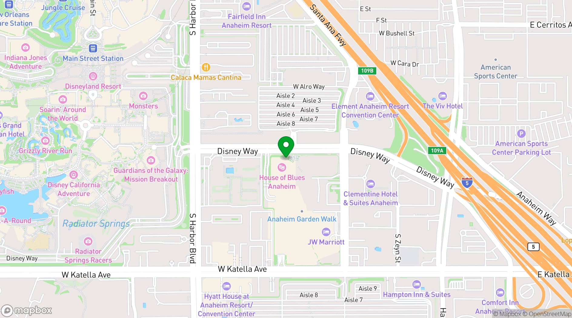 Map showing House of Blues Anaheim