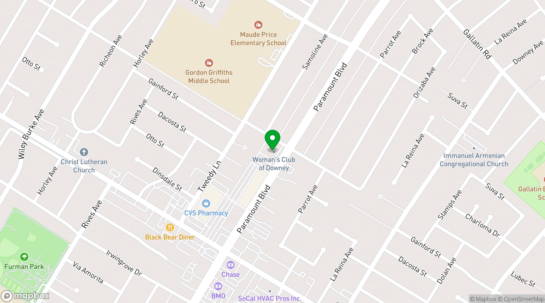 Map showing Woman's Club of Downey