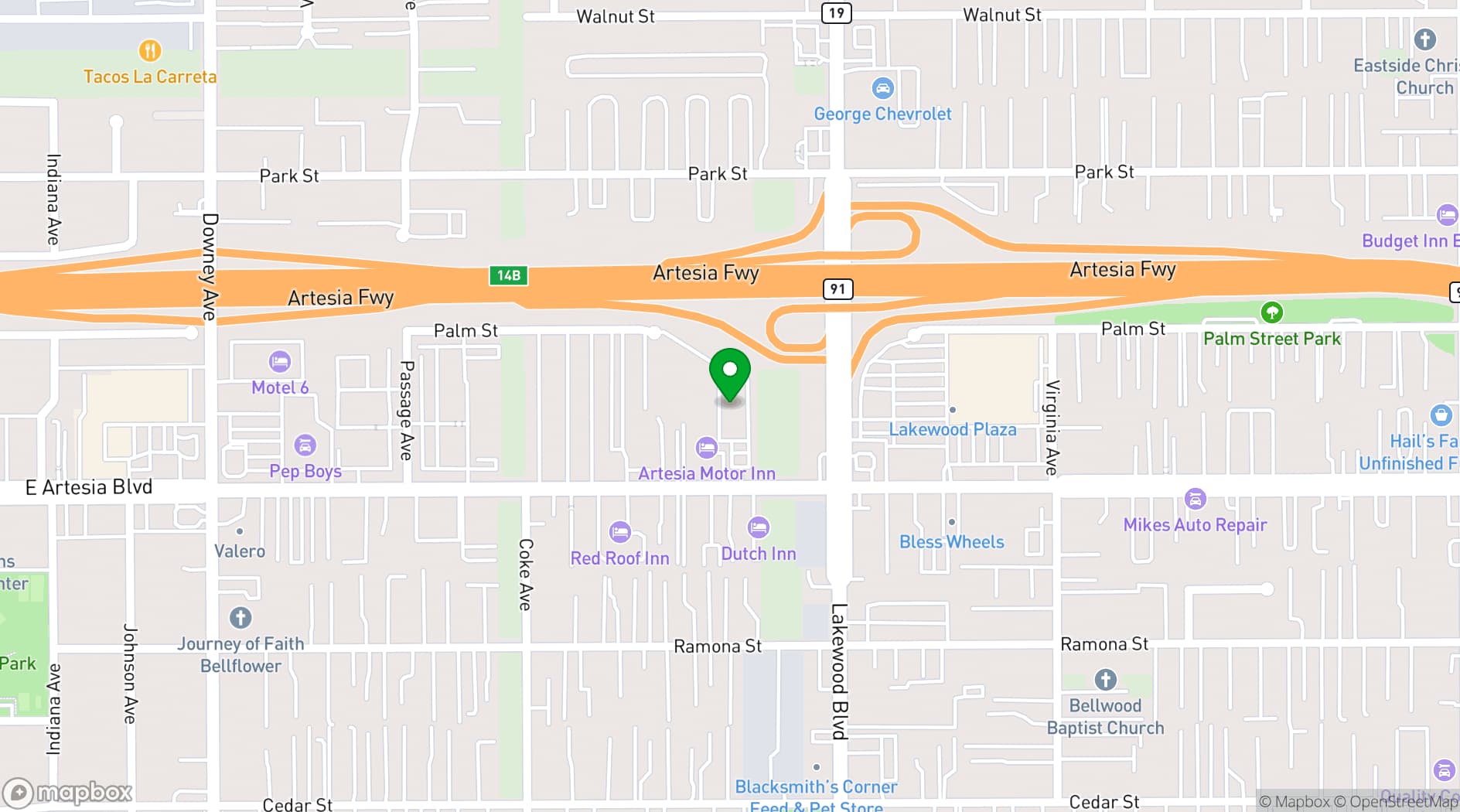 Map showing WoodSpring Suites Bellflower - Los Angeles