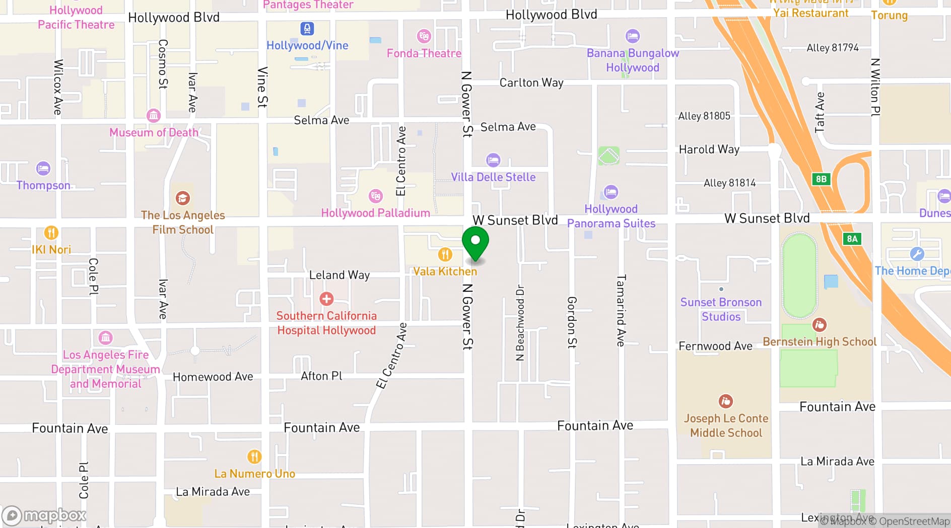 Map showing Sunset Room Hollywood