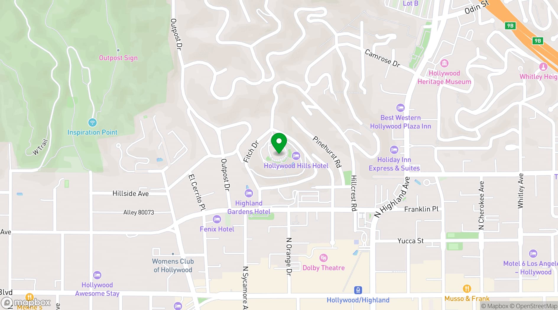 Map showing Hollywood Hills Hotel