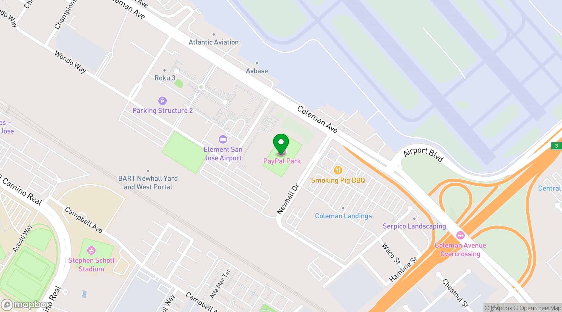 Map showing PayPal Park