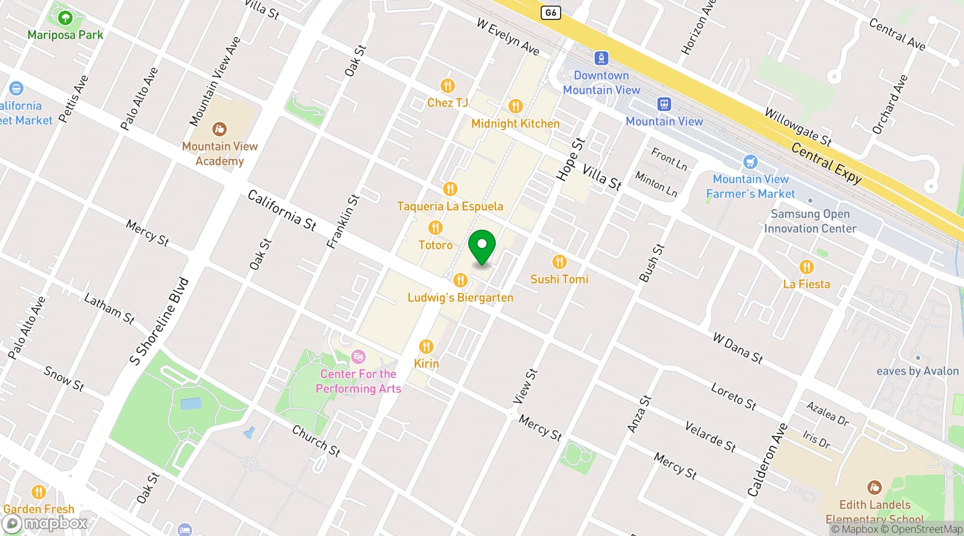 Map showing Mountain View Social Events by Dandies™