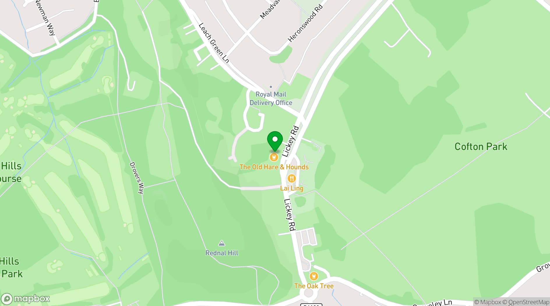 Map showing The Old Hare and Hounds Rednal