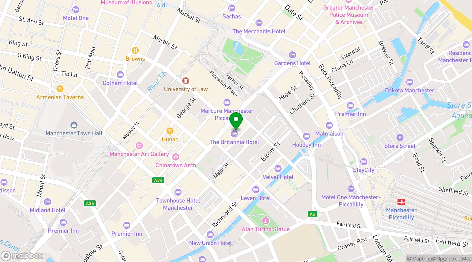Map showing Britannia Hotel Manchester