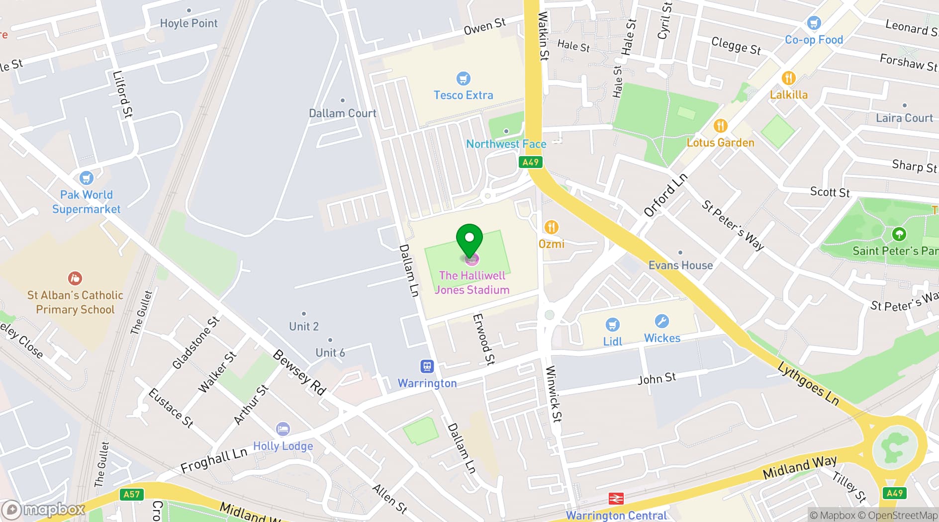 Map showing Halliwell Jones Stadium